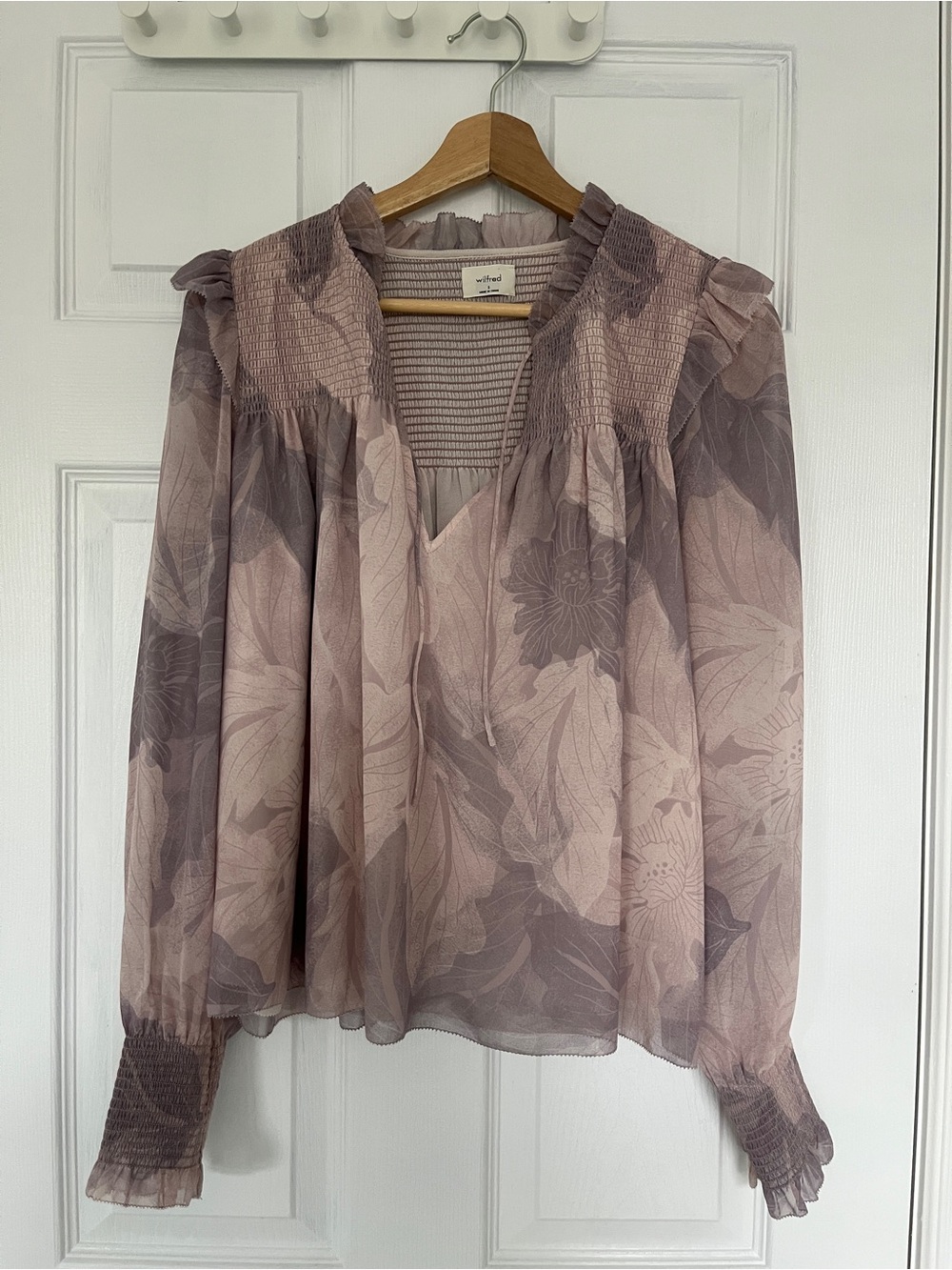 Wilfred Mauve Floral Smocked Ruffle Long-Sleeve Blouse